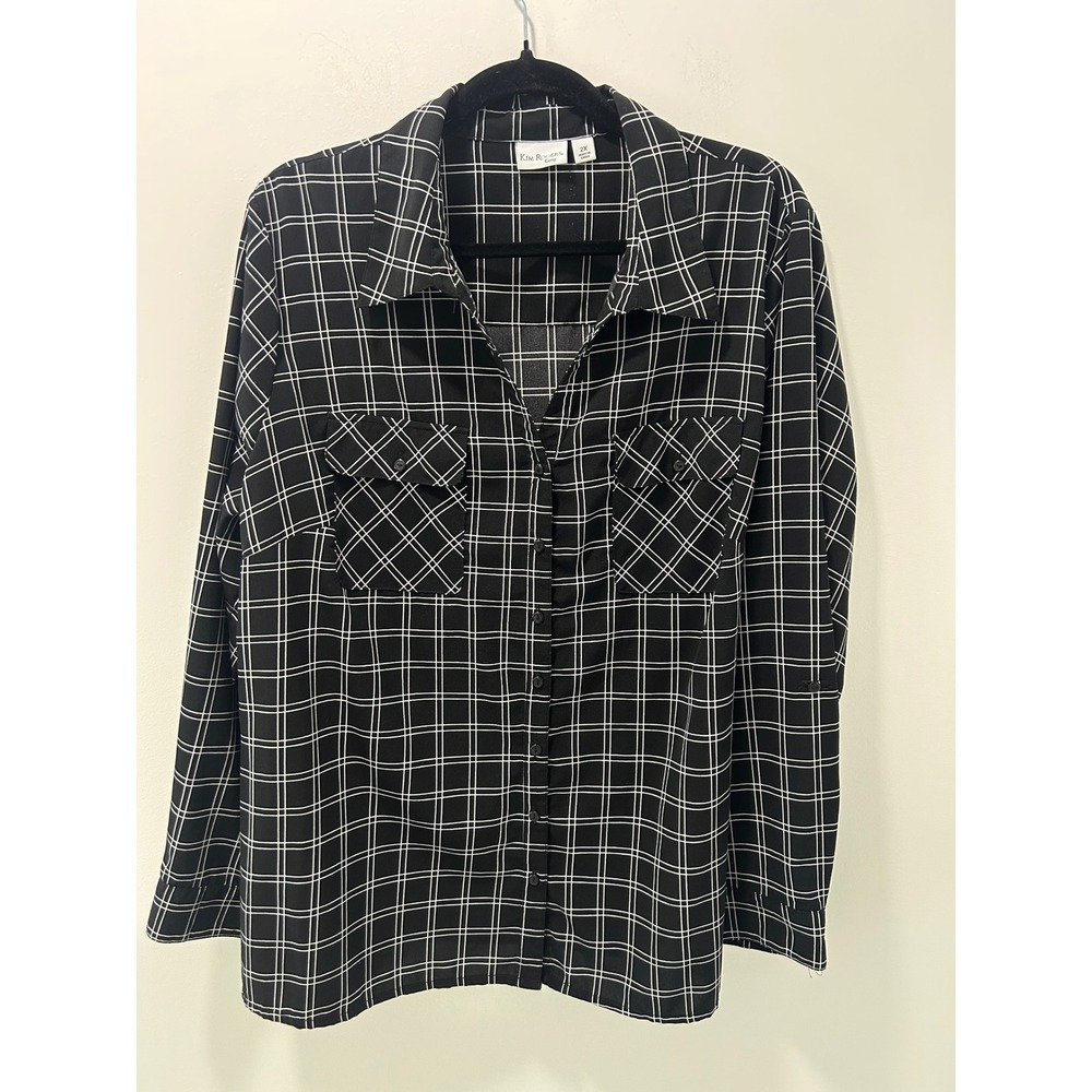 Kim Rogers Curvy Womens 2X Black White Grid Plaid Button Up Blouse Long Sleeve